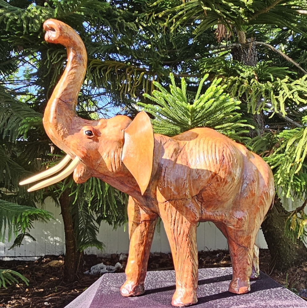 Antique Handmade Leather Elephant Statue W/ Wood Tusks